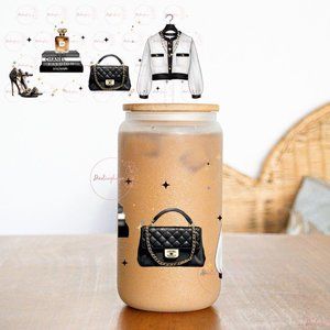 Black, White, Gold Designer Dreams 16 oz Frosted Glass Can with Lid and Straw